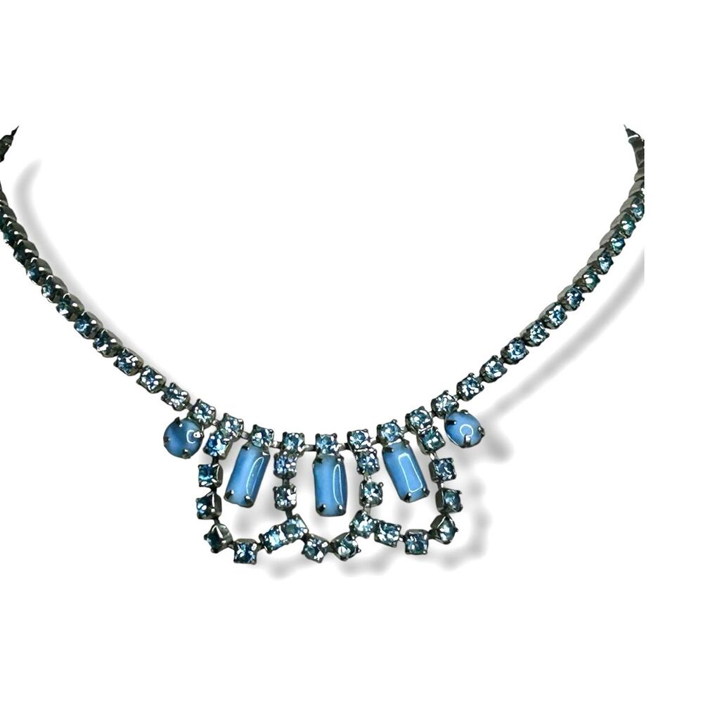 Vtg 1950s Blue Moonglow Glass Cabochon Rhinestone Fringe Bib Collar Necklace MCM